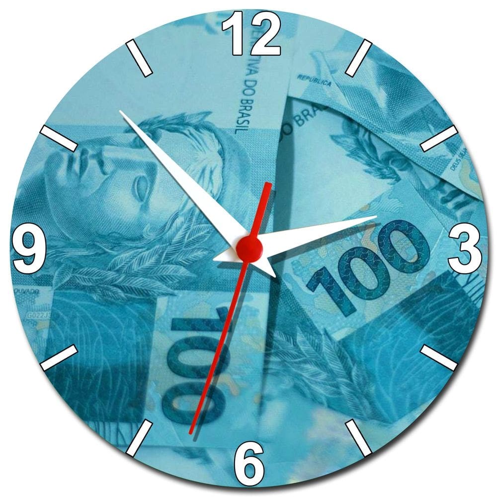 Relógio de Parede Estampa de 100 Reais Decoração de Dinheiro