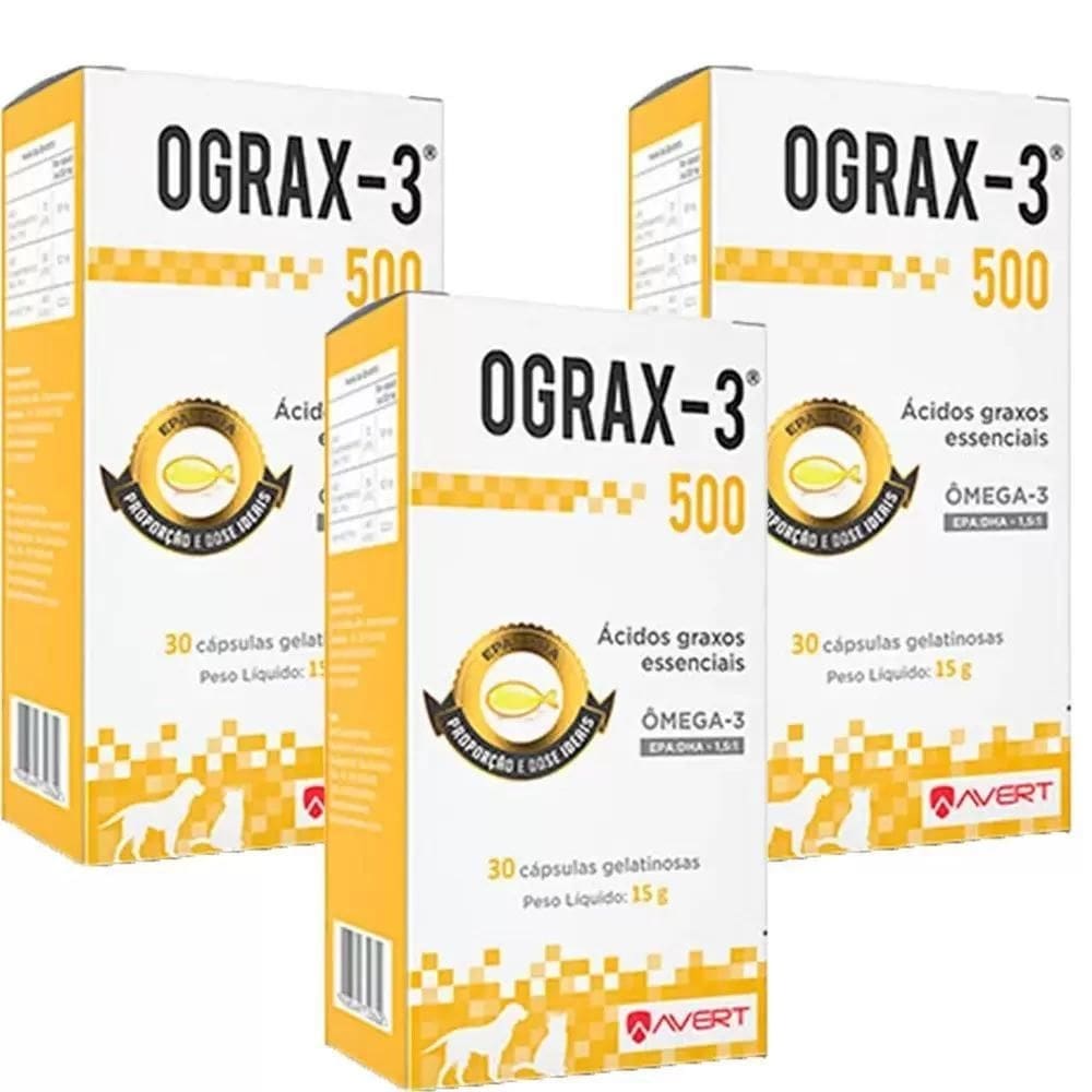 3 caixas ograx 3 500mg suplemento cães e gatos 90 cápsulas