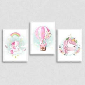 Kit 3 Quadros Unicórnios - Aquarela - Balão 24X18Cm