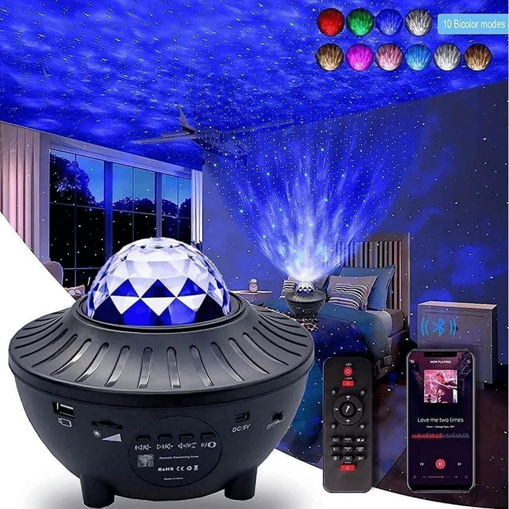 Luminária luzes bluetooth projetor estrelas gira galaxia