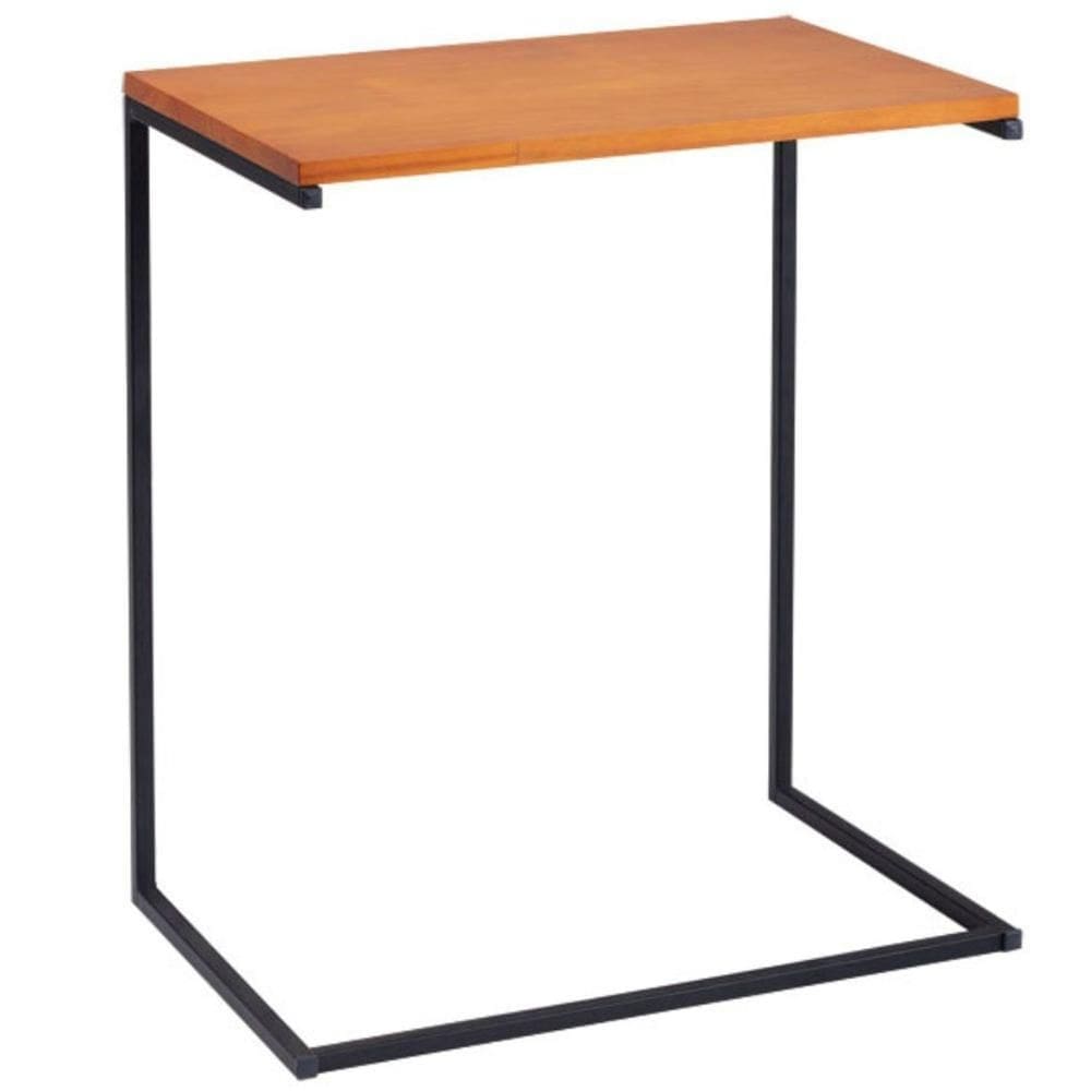 Mesa Lateral Apoio Sofá Columbus Industrial Daf Móveis 55 Cm Tampo Madeira Maciça Base Aço Preto