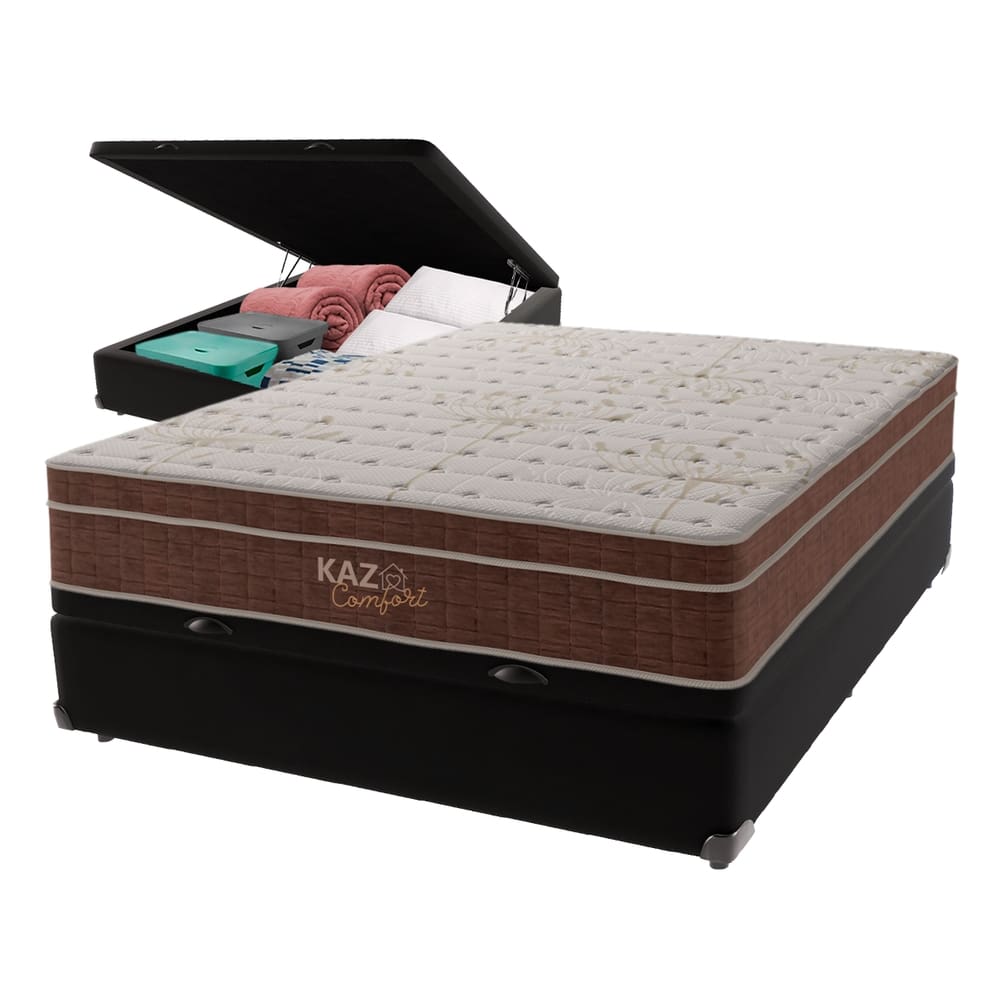Cama + Box Baú e Colchão Kaza Comfort de Molas Ensacadas