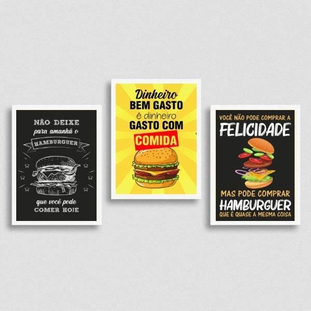 Kit 3 Quadros Hambúrguer Frases 33x24cm Madeira Branca