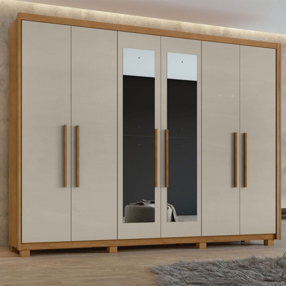 Guarda-Roupa Casal áries 6 Portas 5 Gavetas com Espelho Amêndoa Clean/Off White - Móveis Lopas