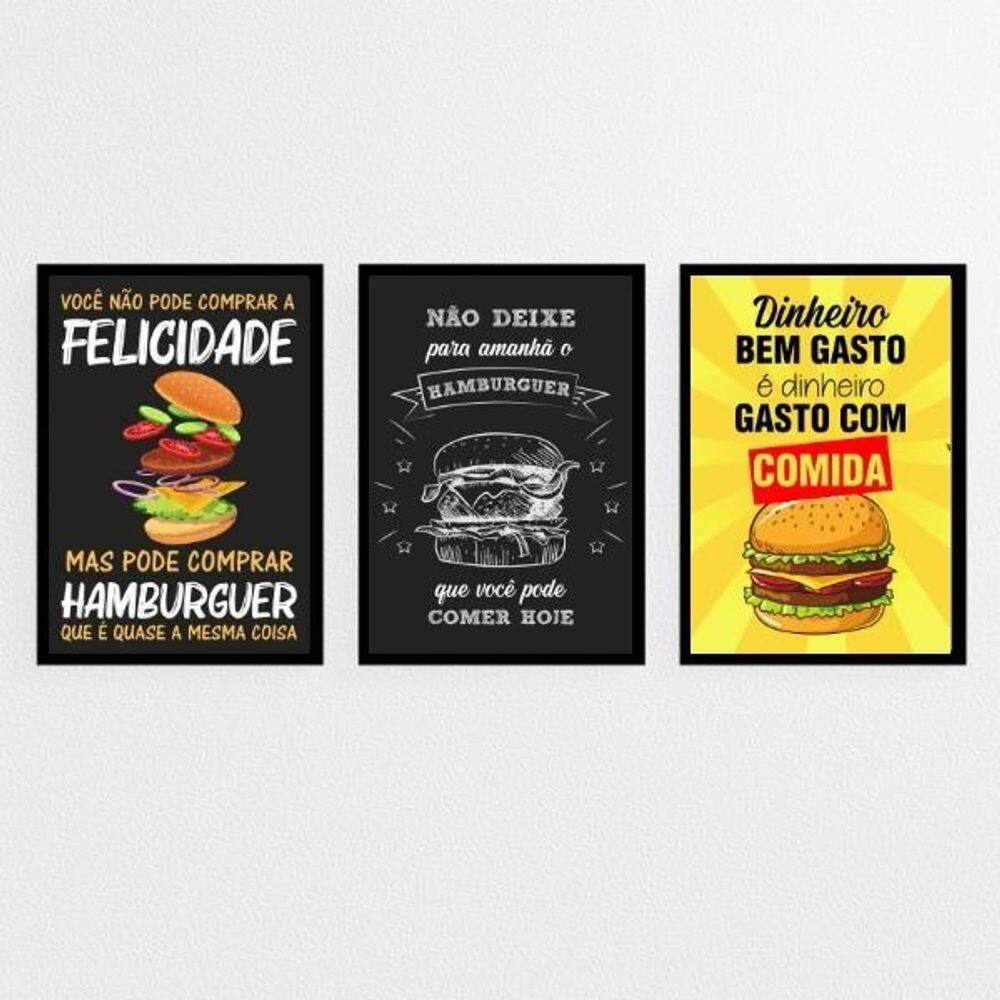 Kit 3 Quadros Hambúrguer Frases 45x34cm - Com Vidro