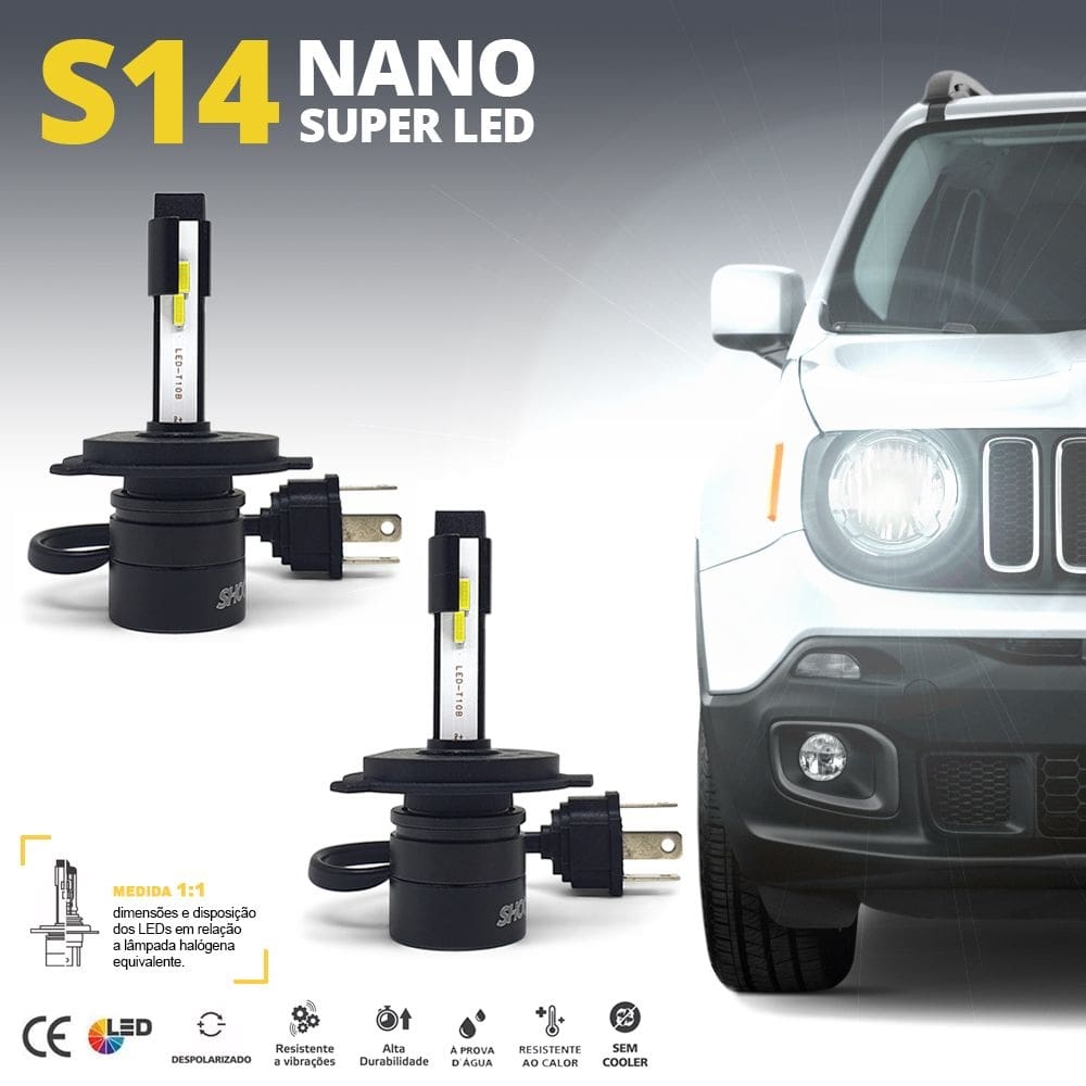 Par Lâmpadas H4 Farol Alto Baixo Hyundai HB20 2017 2018 2019 2020 Super Led Mini Nano 6000k Sem Adaptar Furar Tampa Shocklight S14