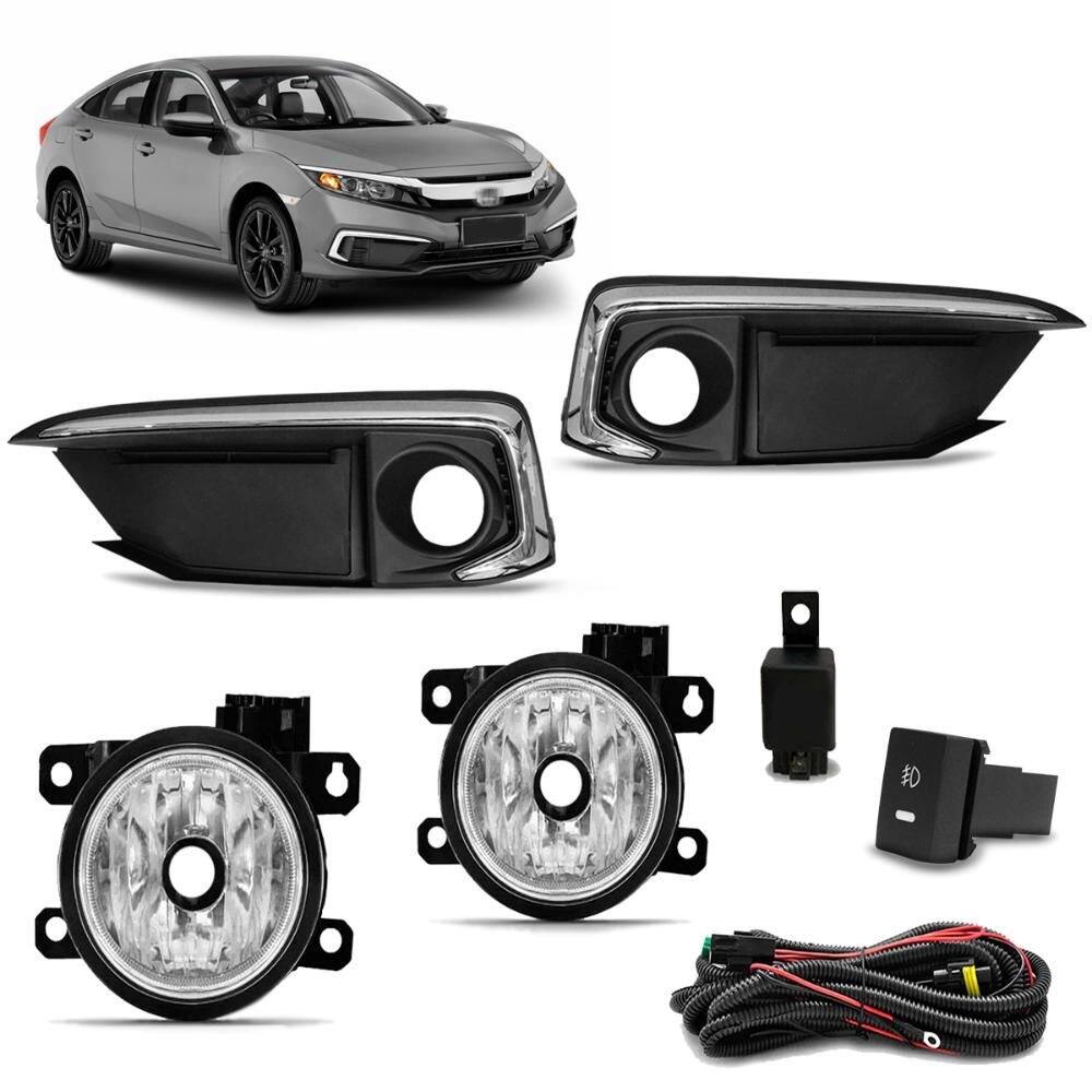 Kit Farol Milha Civic 2020 a 2022 Botão Moldura Preto