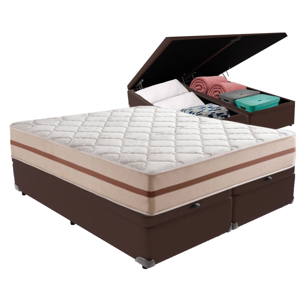 Cama Box com Baú Marrom e Colchão King Classic Anjos