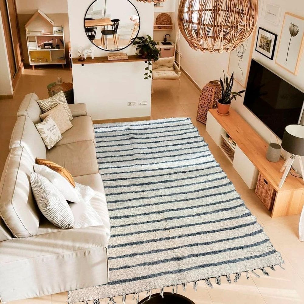Tapete para sala felpudo listra fina cinza boho 2,00x1,00