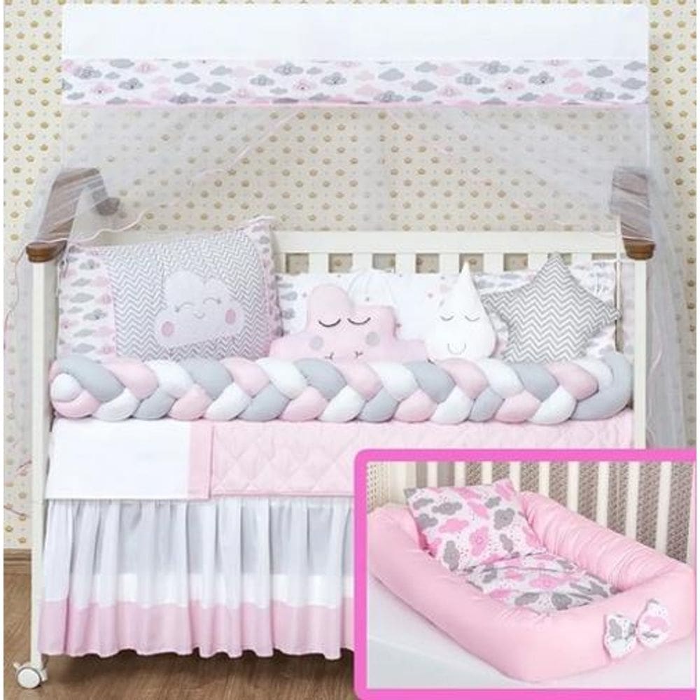 Kit berço e ninho redutor menina estampado nuvem rosa 16