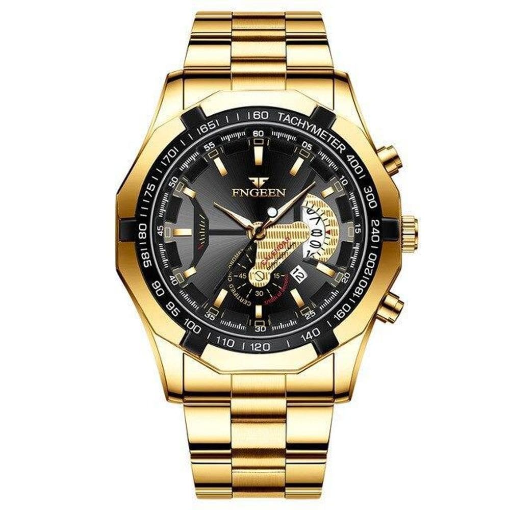 Relógio masculino dourado aço inox calendário