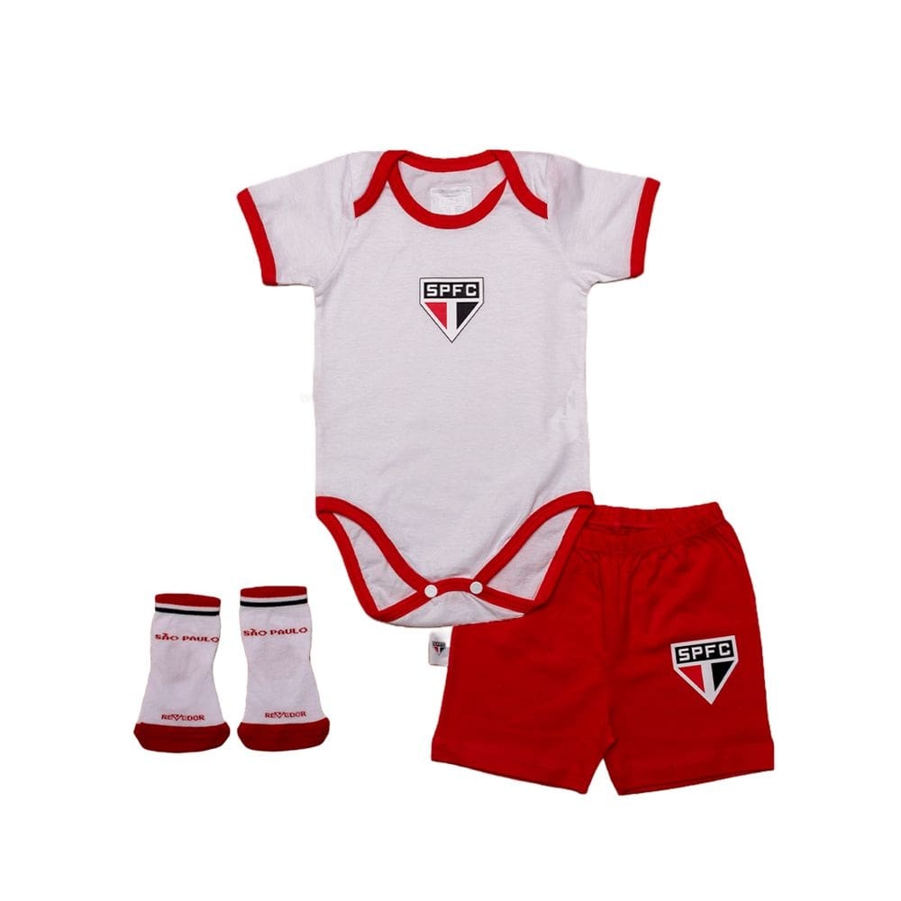 Kit Body Short e Meia São Paulo Bebe Unissex Time Futebol