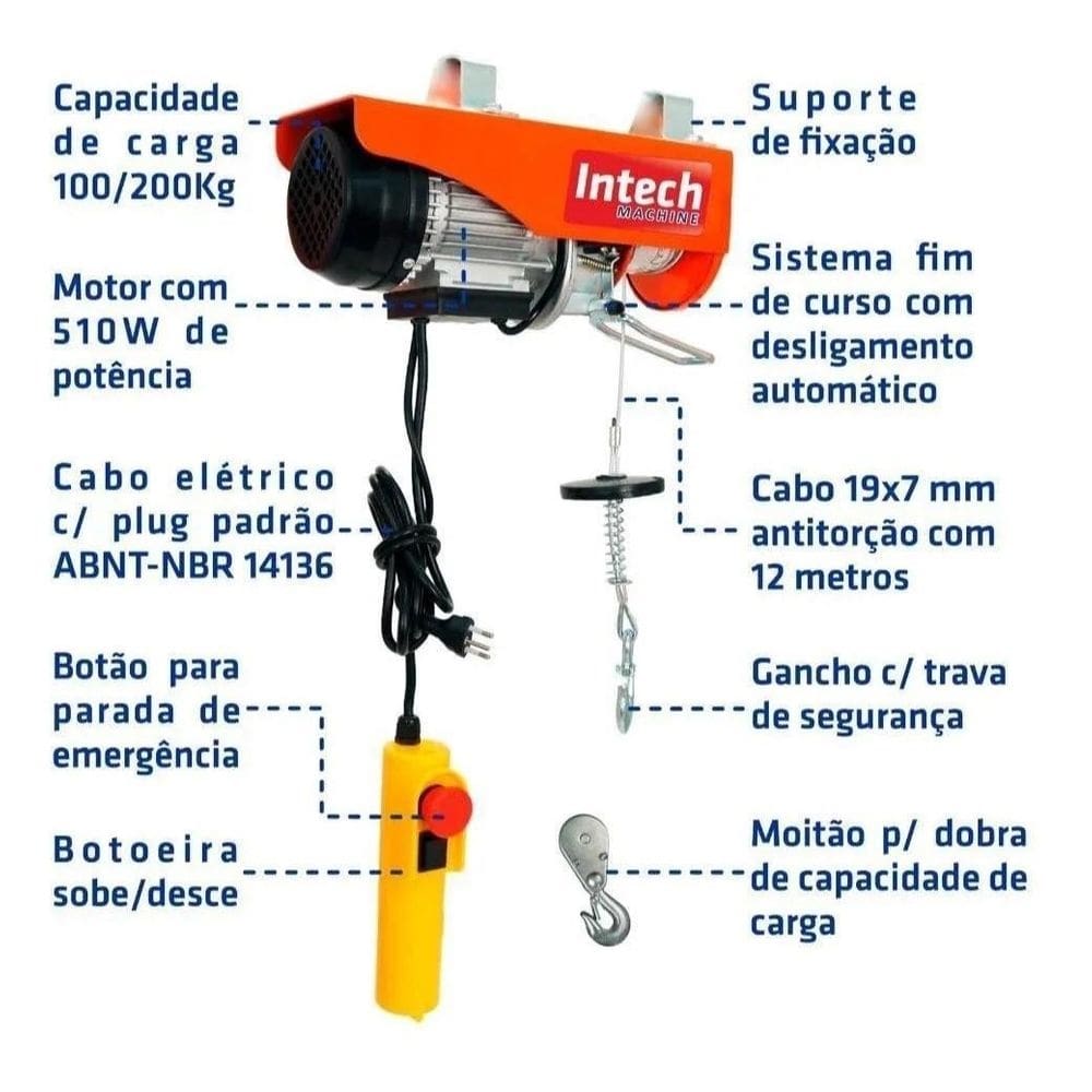 Intech machine elev200 talha guincho elétrico 510w 200kg