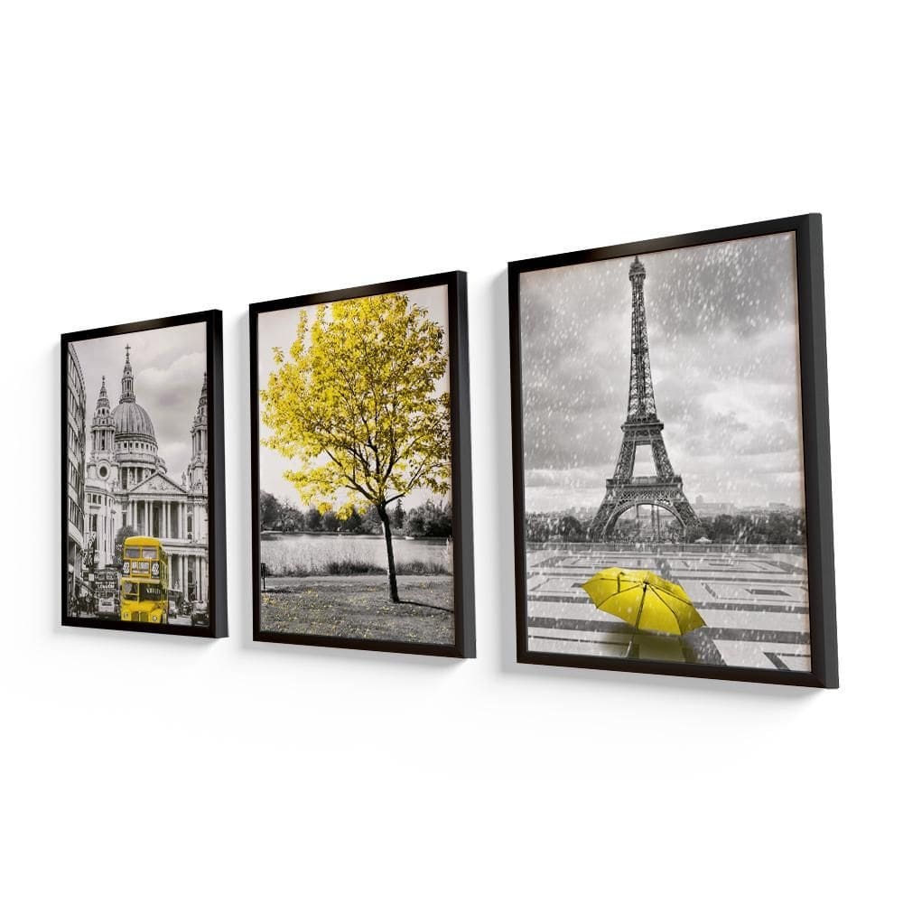 Quadro decorativo londres paris amarelo moldura preta 60x40