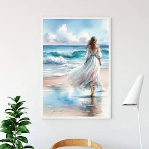 Quadro Mulher Caminhando Praia Aquarela 45X34Cm - Com Vidro