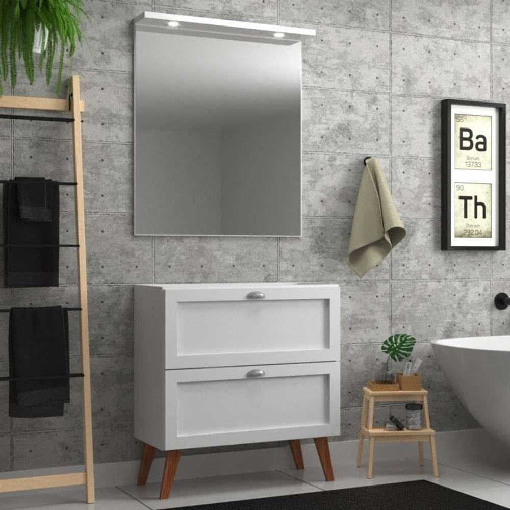 Gabinete para Banheiro com Espelheira 80cm Retro Mdf Branco Milano - On Móveis