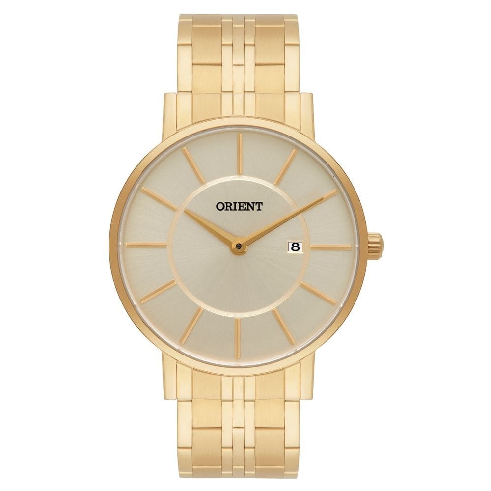 Relogio masculino orient dourado slim fundo dourado data