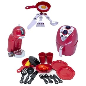 Kit cozinha brinquedo cafeteira chef vermelho air fryer 19pç