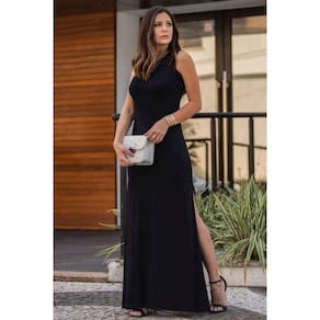 Vestido Longo Viscolycra Fenda Liso Preto [F081]