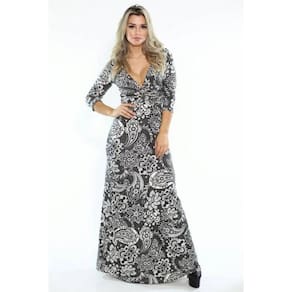 Vestido Longo Viscolycra Decotado Estampado Cor:cinza;tamanho:u [F081]