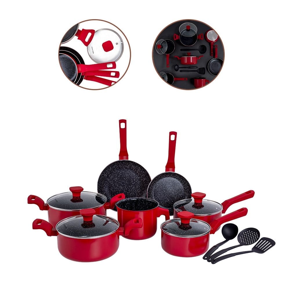 Jogo De Panela 10Pçs Cerâmica Antiaderente Fundo Triplo Fogão Indução Mimo Style PraticCook Vermelha