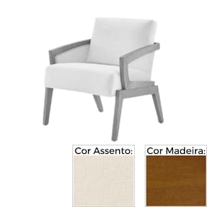 Poltrona MH-3780 Madeira Lateral Palha Amêndoa Assento Estofado em Linho Creme 2414 C