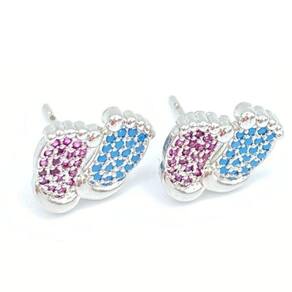 Brinco Pezinho Com Zircônias Azul E Rosa Folheado Rodio