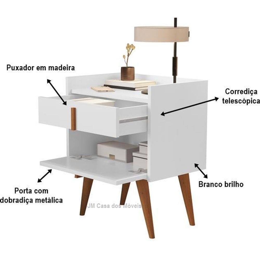 Mesa cabeceira denise 1 gaveta 1 porta pés palito branco