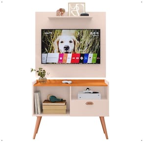 Kit Sala Estar Completa Painel Tv 32 Polegadas Prateleira Suspensa Rack Retrô 1 Porta Puxador Concha Off White/Cinamomo - Lojas RPM