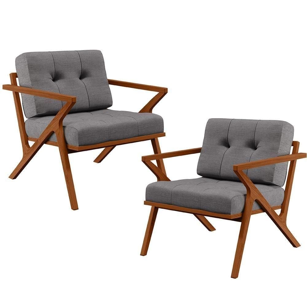 Kit 02 Poltronas Cintas De Corano Linho Cinza Escuro