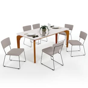 Mesa De Jantar 160cm Off White Nature Com 6 Cadeiras Bege