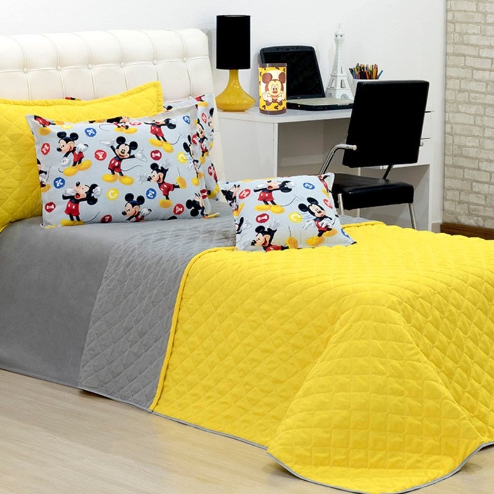 Colcha Infantil Cobre Leito Solteiro 3 peças Mickey Amarelo