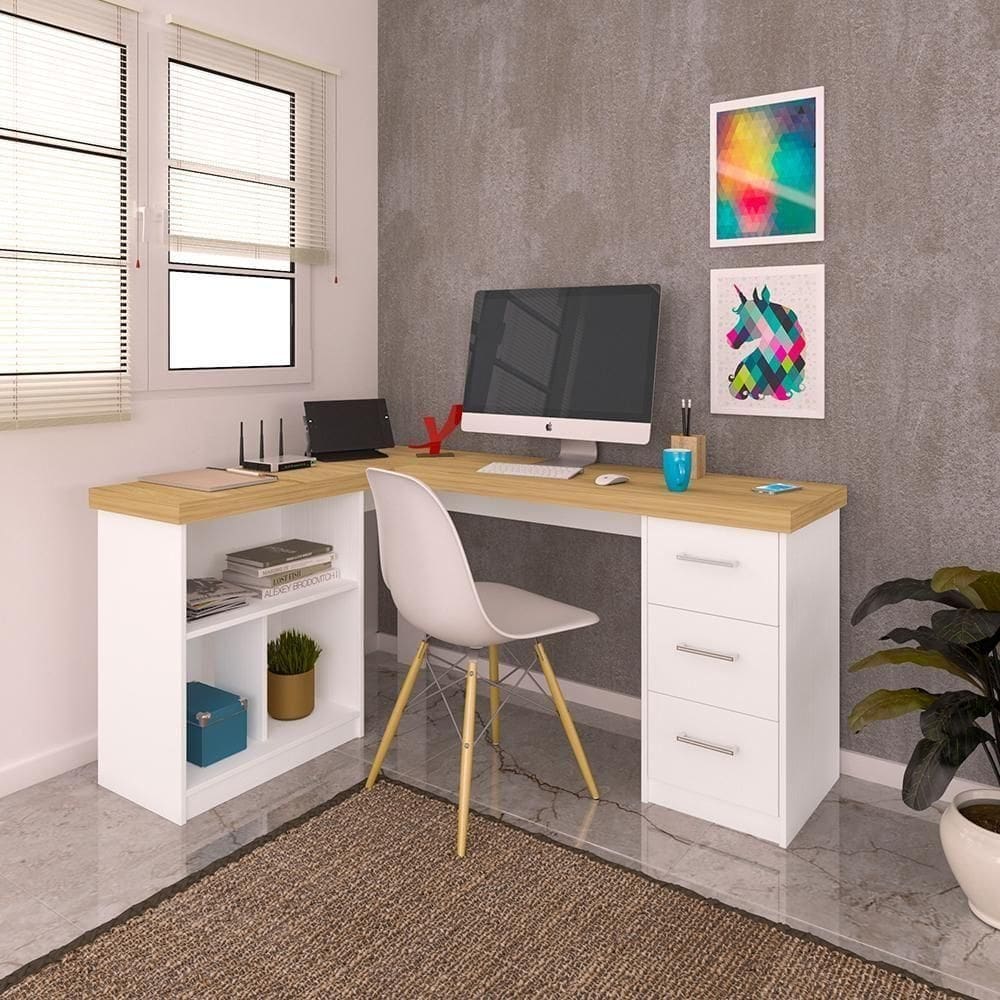 Mesa De Computador Em L 3 Gavetas Alaska Olmo Branco