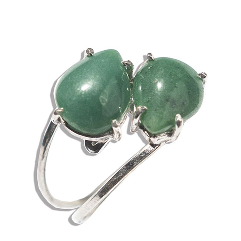 Anel 2 Pedras Quartzo Verde Gota Lisa Prata 950 Ajustável