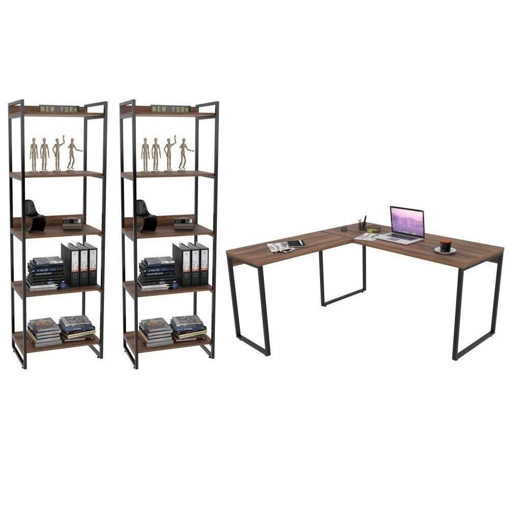 Conjunto Escritório Estilo Industrial Mesa 150X150Cm E 2 Estantes 60Cm 5 Prateleiras C08 Nogal