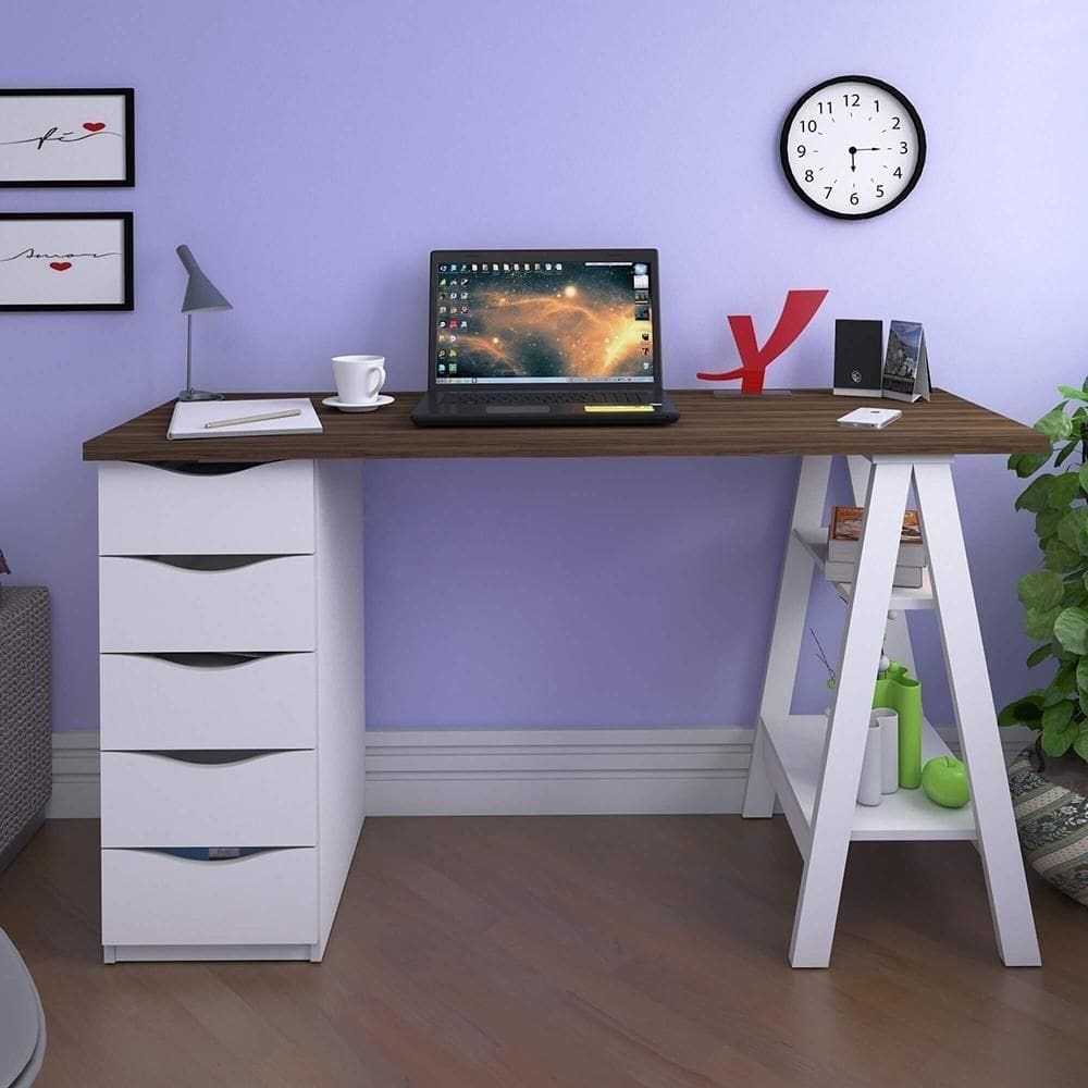 Mesa De Escritório Com 5 Gavetas Mississipi Nogal Branco
