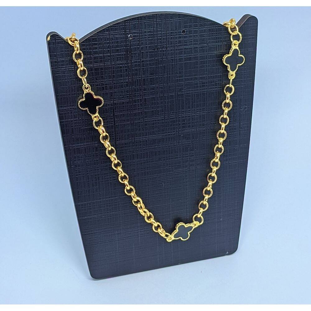 Colar Corrente elo Português Longo Trevo Preto Branco Folheado a Ouro Inspiração Blogueira Virginia Moda