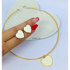Kit Colar e Brincos Choker Aro Liso Rígido com Pingente Coração Love Pequeno Preto Branco Conjunto Par de Brinco Luxo