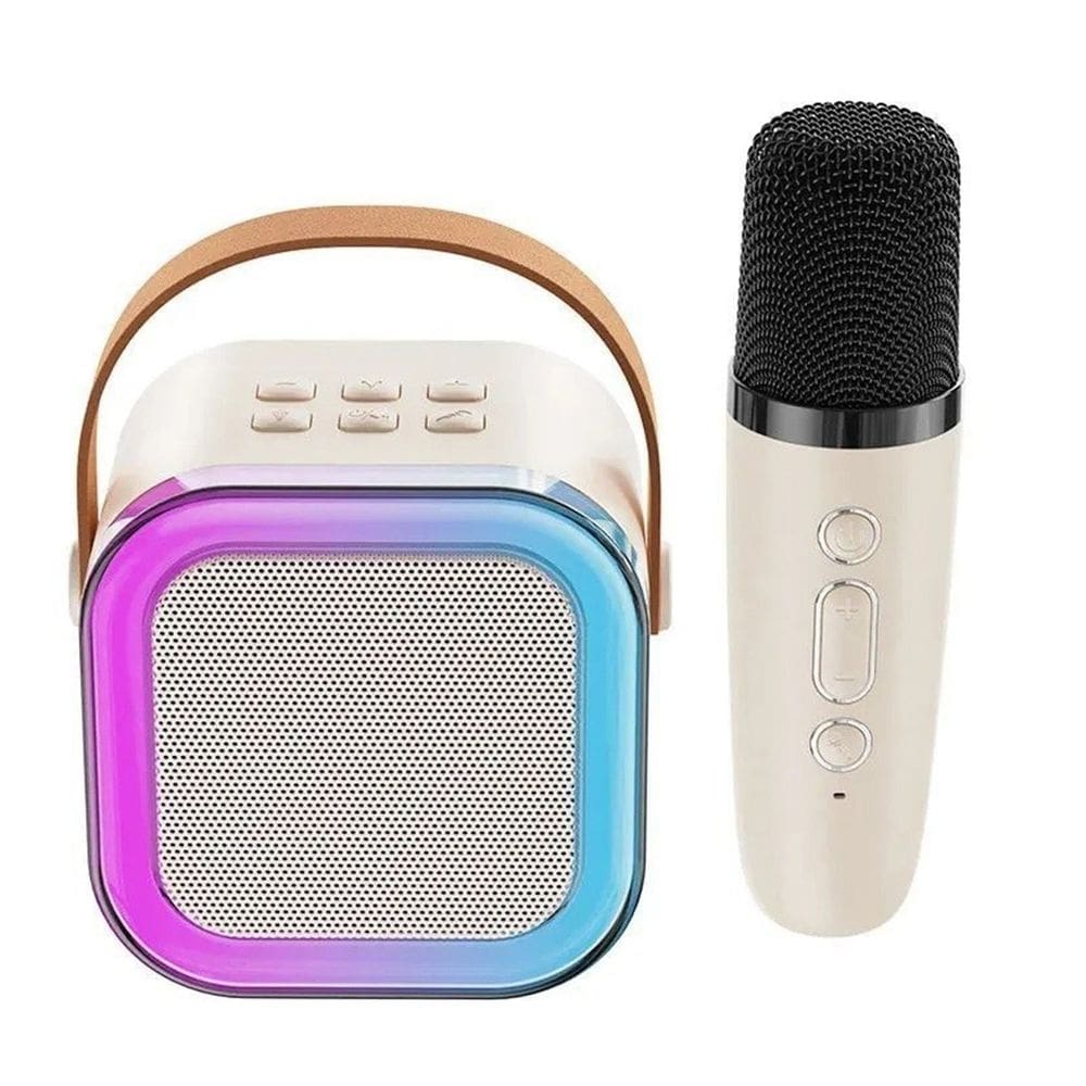 Caixa De Som Microfone Bluetooth Karaoke Musica Festa Evento Luz Led Usb Sem Fio Efeito Muda Voz