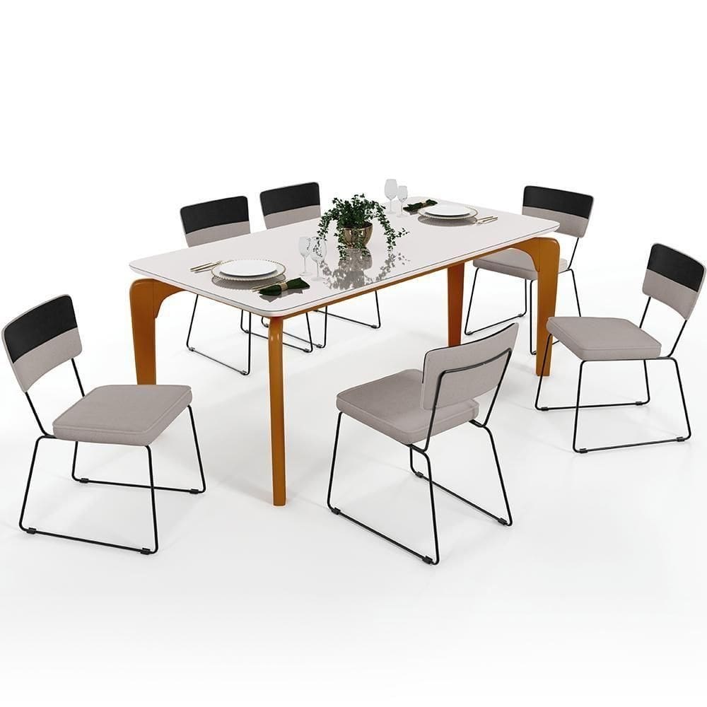 Mesa Capri 160 Off White Nature Com 6 Cadeiras Preto Bege