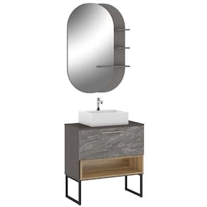 Conjunto Banheiro Gabinete 80cm Cuba E Espelho Branco Nogal