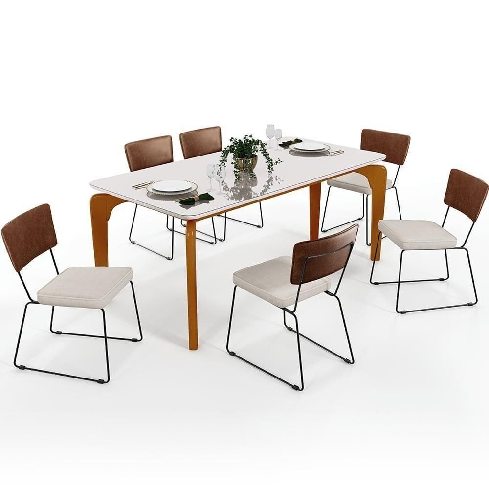 Mesa De Jantar Capri 160cm Off White E 6 Cadeira Marrom Cru