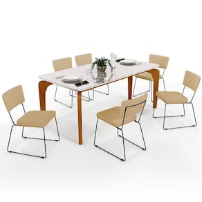 Mesa De Jantar 160cm Off White Com 6 Cadeiras Bege Escuro