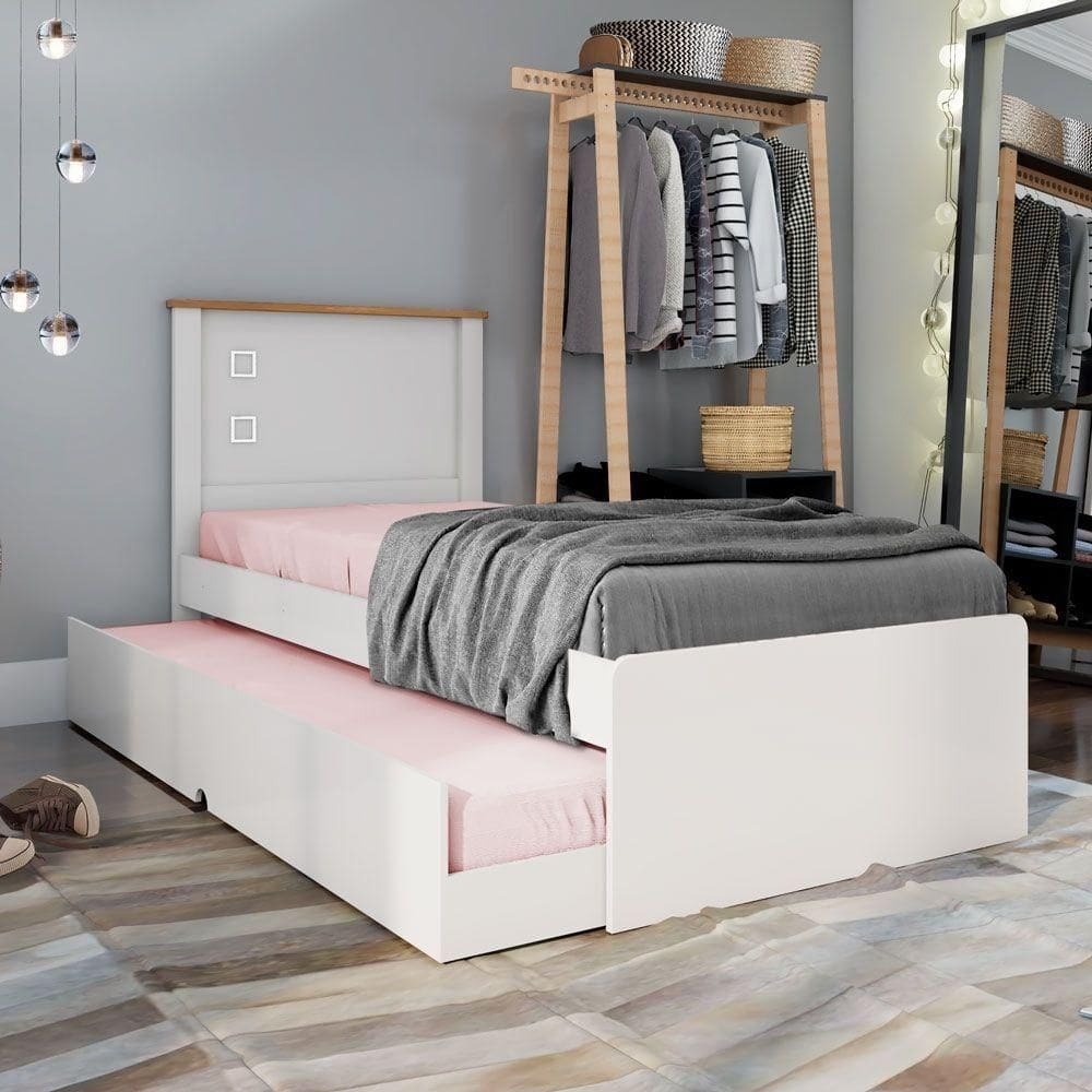 Cama Solteiro Roberta Auxiliar Off White Madeira C/ Colchão