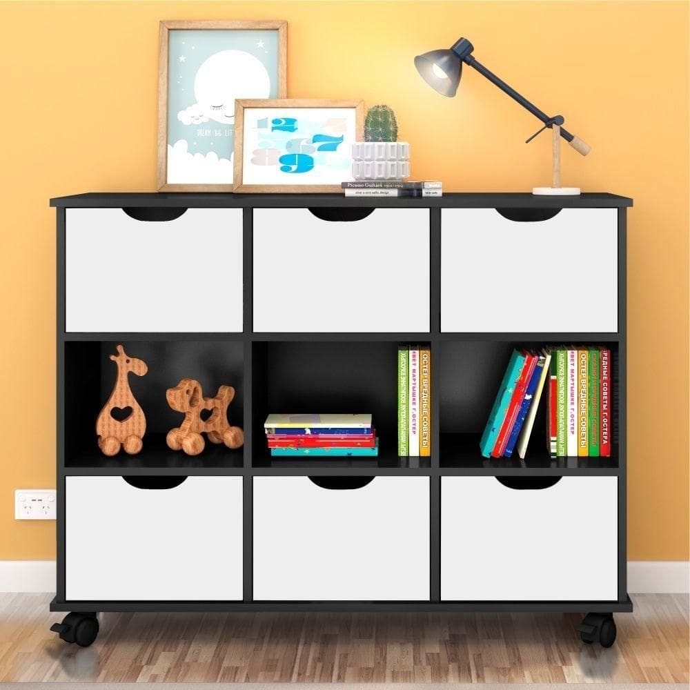 Estante Nicho Com Rodízios Kansas Preto Com Gavetas Brancas