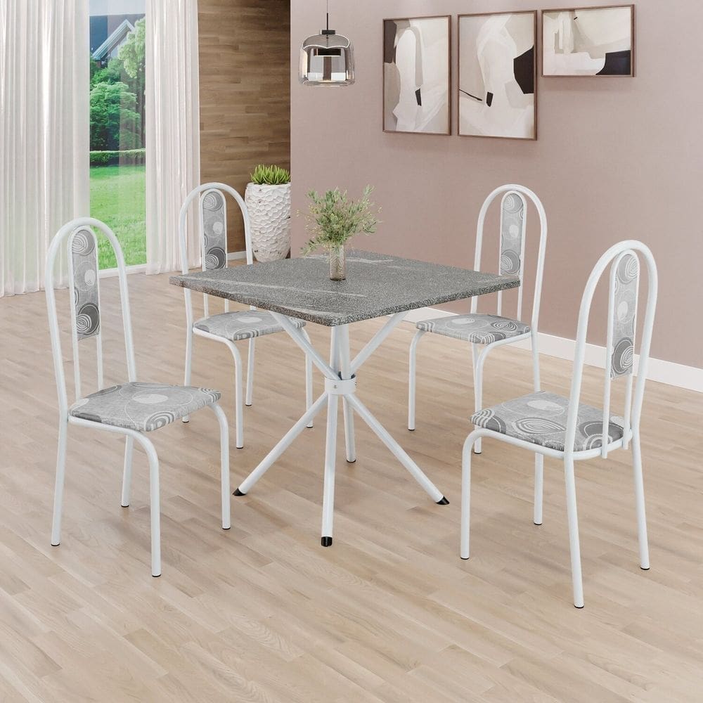 Conjunto Sala de Jantar Mesa Quadrada 70x70cm Tampo Granito Topázio 4 Cadeiras Linda Yescasa Paraopeba/Branco