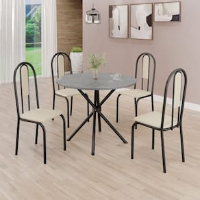 Conjunto Sala de Jantar Mesa Redonda 70cm Tampo Granito Topázio 4 Cadeiras Linda Yescasa Creme/Preto Fosco
