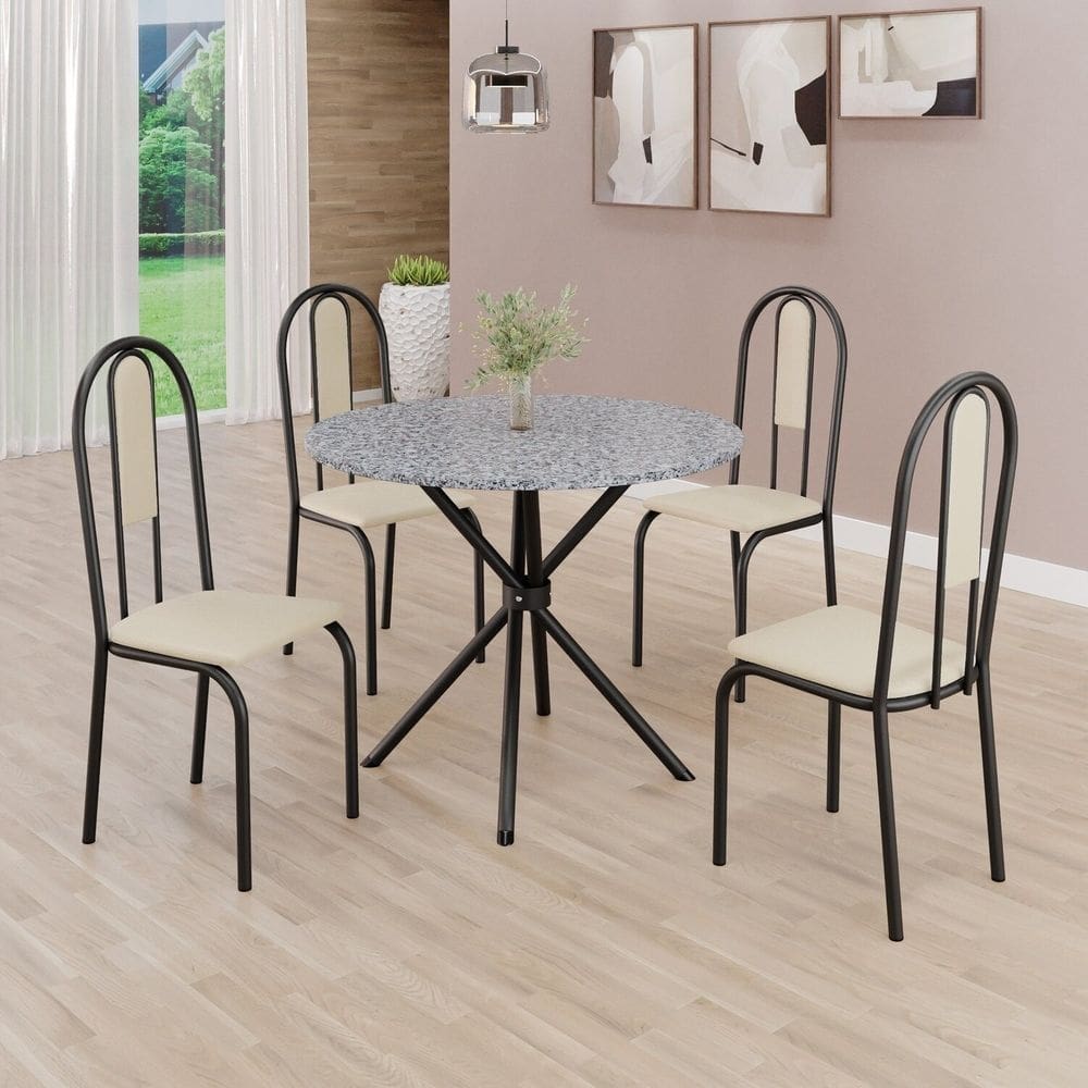 Conjunto Sala de Jantar Mesa Redonda 75cm Tampo Granito Ocre 4 Cadeiras Linda Yescasa Creme/Preto Fosco