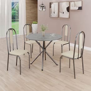 Conjunto Sala de Jantar Mesa Redonda 70cm Tampo Granito Topázio 4 Cadeiras Linda Yescasa Creme/Prata