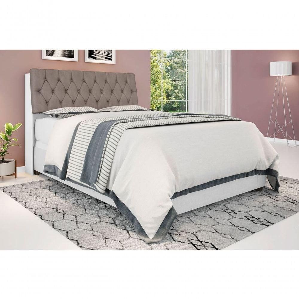 Cabeceira Box Casal Isis Branco Com Capitonê Bege Escuro